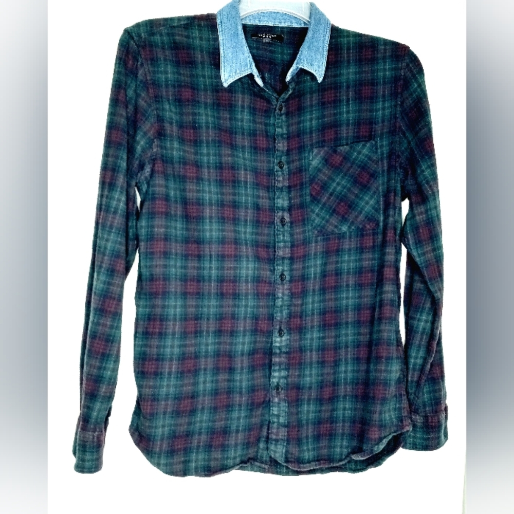 New Look green check casual button down shirt with denim collar L